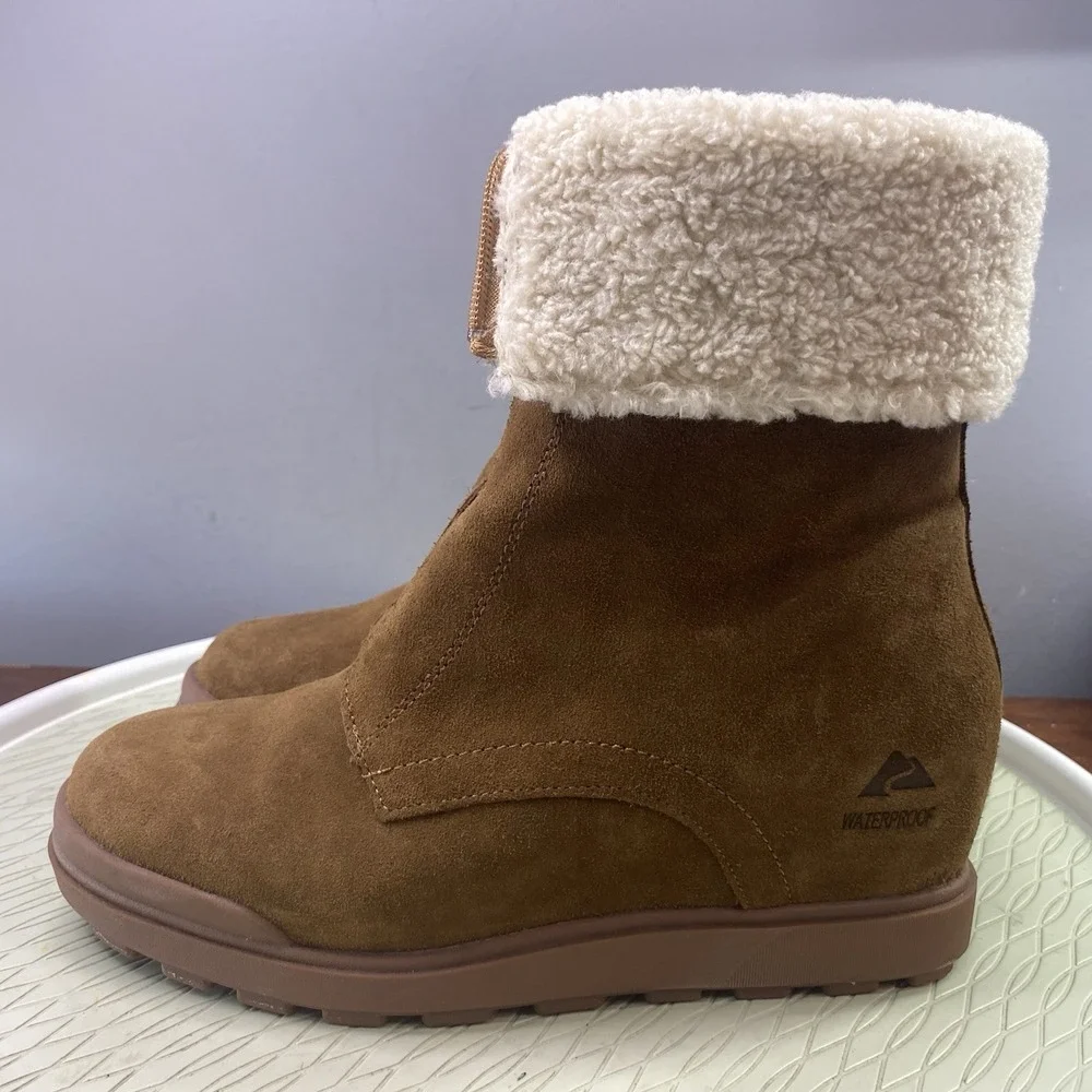 Ozark Trail Women Leather Wedge Winter Ski Boot Waterproof Hidden Heel Brown  10